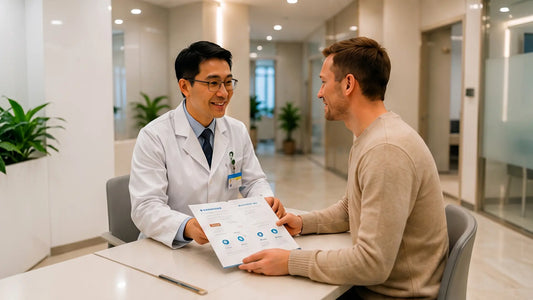 Doctor in white coat reviewing documents with a patient in a bright hospital corridor — english speaking doctors shanghai