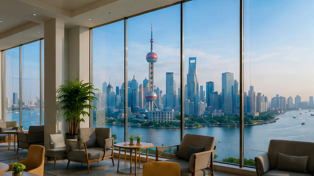 Bright hospital waiting lounge with contemporary armchairs, floor-to-ceiling windows and potted — premium health screening