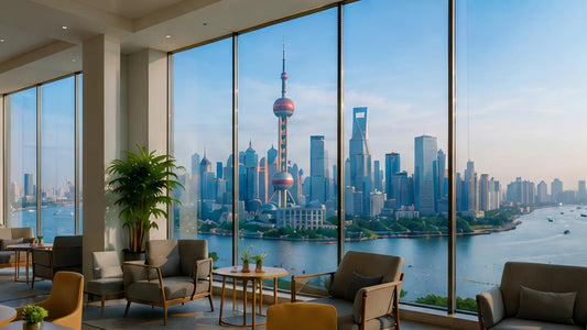Bright hospital waiting lounge with contemporary armchairs, floor-to-ceiling windows and potted — premium health screening