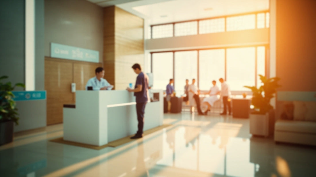 Bright hospital reception desk with warm golden light, polished floors and comfortable — hospital checkup business trip