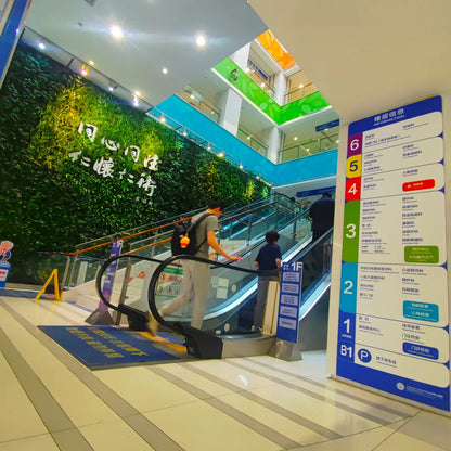 Outpatient atrium inside Shanghai Tongren Hospital with central escalator and full floor directory from B1 to 6F, helping visitors navigate the screening route